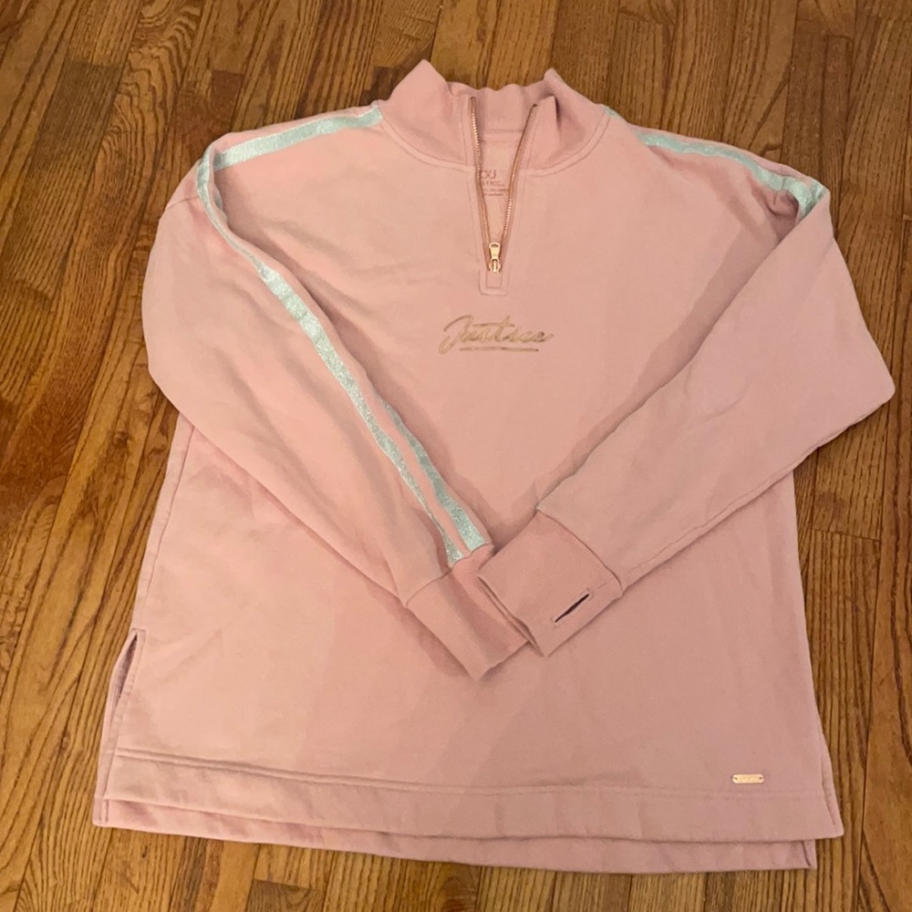 Justice hoodie! Silver detailing on sleeve. Perfect condition. Half zip